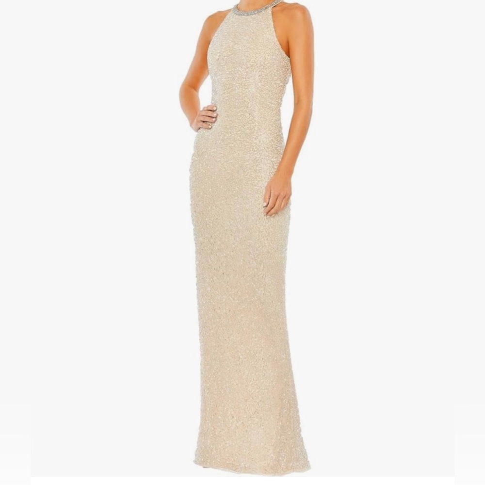 Mac Duggal 93742 Halter Dress for Evening - Classy Beaded Dress Size 10 New Nude